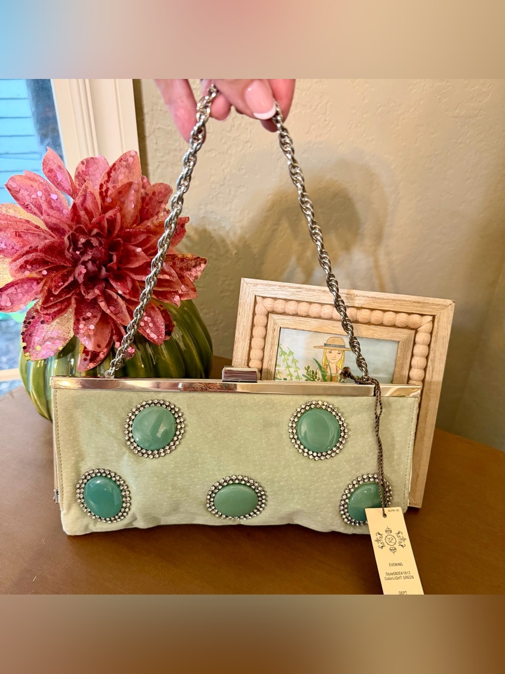 Kate Landry Green Embellished Velvet Evening Clutch with Chain Strap